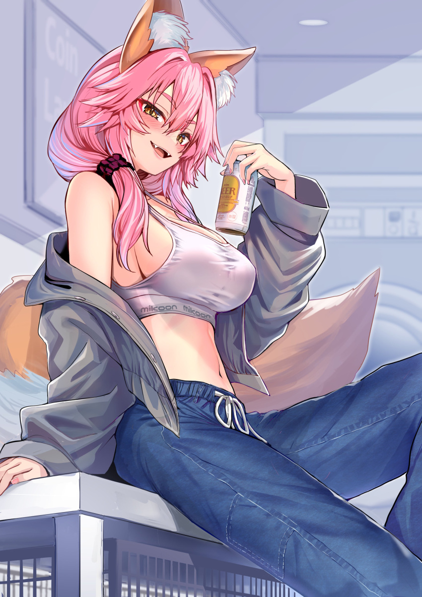 1girl absurdres animal_ear_fluff animal_ears bare_shoulders beer_can blush breasts can drink_can fate/extra fate_(series) fox_ears fox_girl fox_tail highres large_breasts long_hair long_sleeves looking_at_viewer navel open_mouth pink_hair smile solo tail tamamo_(fate) tamamo_no_mae_(fate/extra) wisespeak yellow_eyes