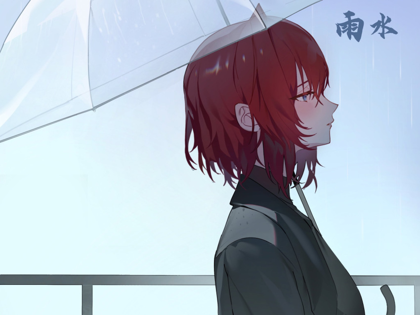 1girl ange_katrina blue_eyes closed_mouth from_side highres kamitoge_supino nijisanji red_hair short_hair solo translation_request transparent transparent_umbrella umbrella upper_body virtual_youtuber