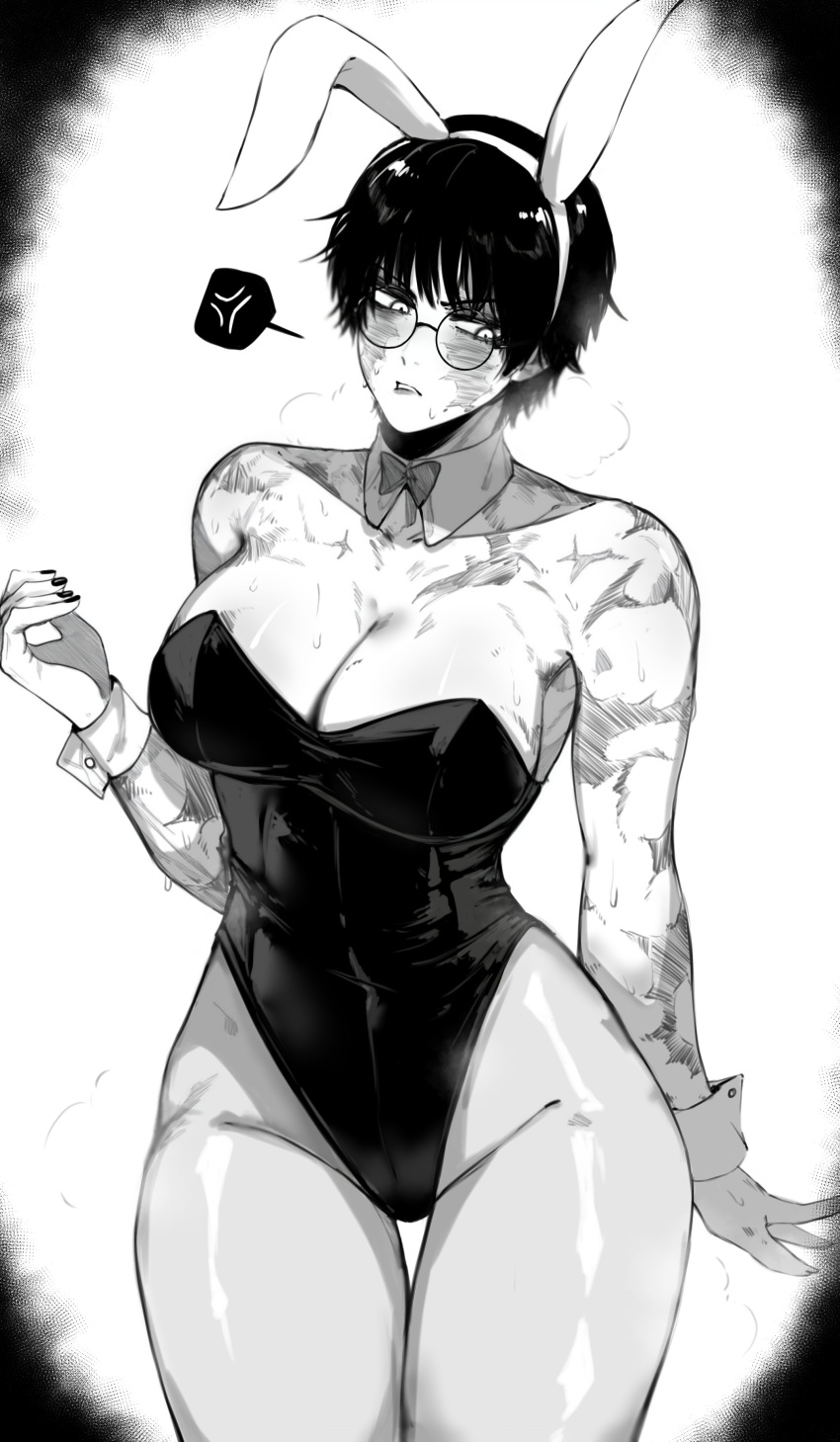 1girl absurdres animal_ears bare_shoulders breasts burn_scar glasses highres jujutsu_kaisen monochrome muscular muscular_female nail_polish playboy_bunny rabbit_ears round_eyewear scar scar_on_arm scar_on_face short_hair simple_background solo thighs too_many too_many_scars zen'in_maki zovokia