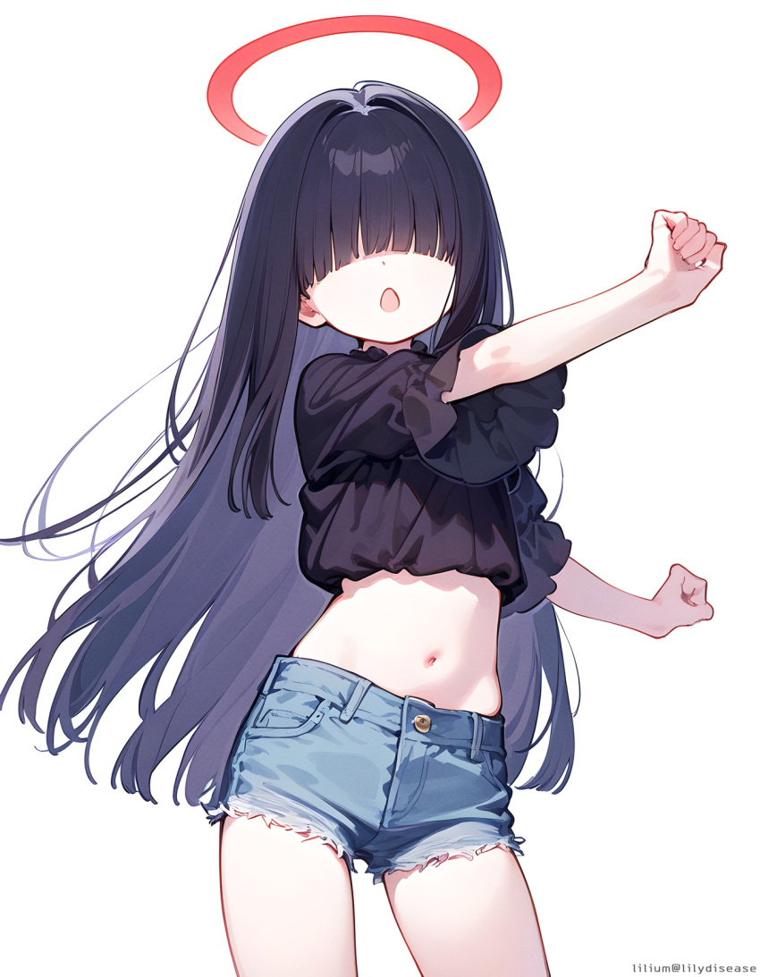 1girl ai-generated black_hair black_shirt blue_archive crop_top denim denim_shorts frilled_sleeves frills hair_over_eyes halo highres justice_task_force_member_(blue_archive) lilium_(lilydisease) long_hair navel open_mouth outstretched_arms red_halo shirt shorts signature simple_background solo