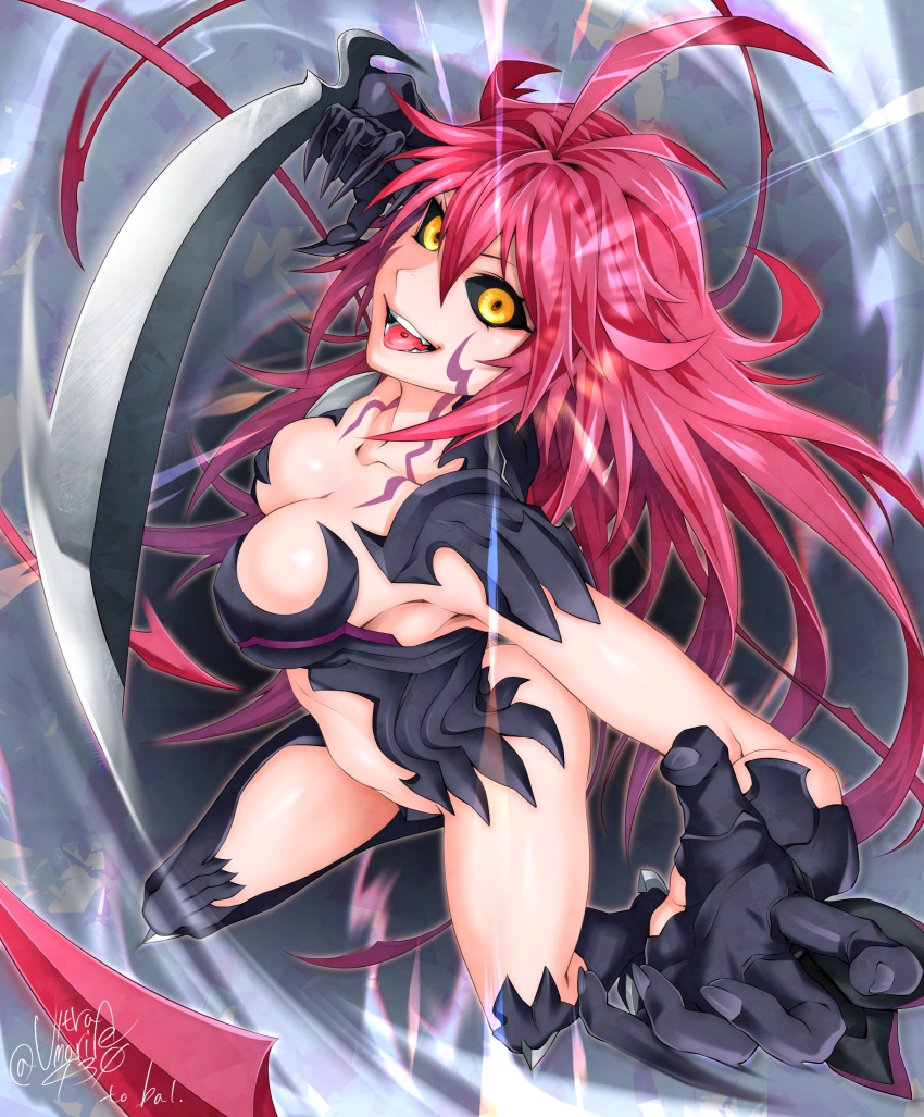 1girl :d absurdres ahoge amaha_masane arm_blade black_sclera breasts collarbone colored_sclera commission facial_mark highres large_breasts long_hair looking_at_viewer motion_blur piercing red_hair revealing_clothes shin_(ultramarine430) signature skeb_commission smile solo tongue tongue_out tongue_piercing very_long_hair weapon witchblade yellow_eyes