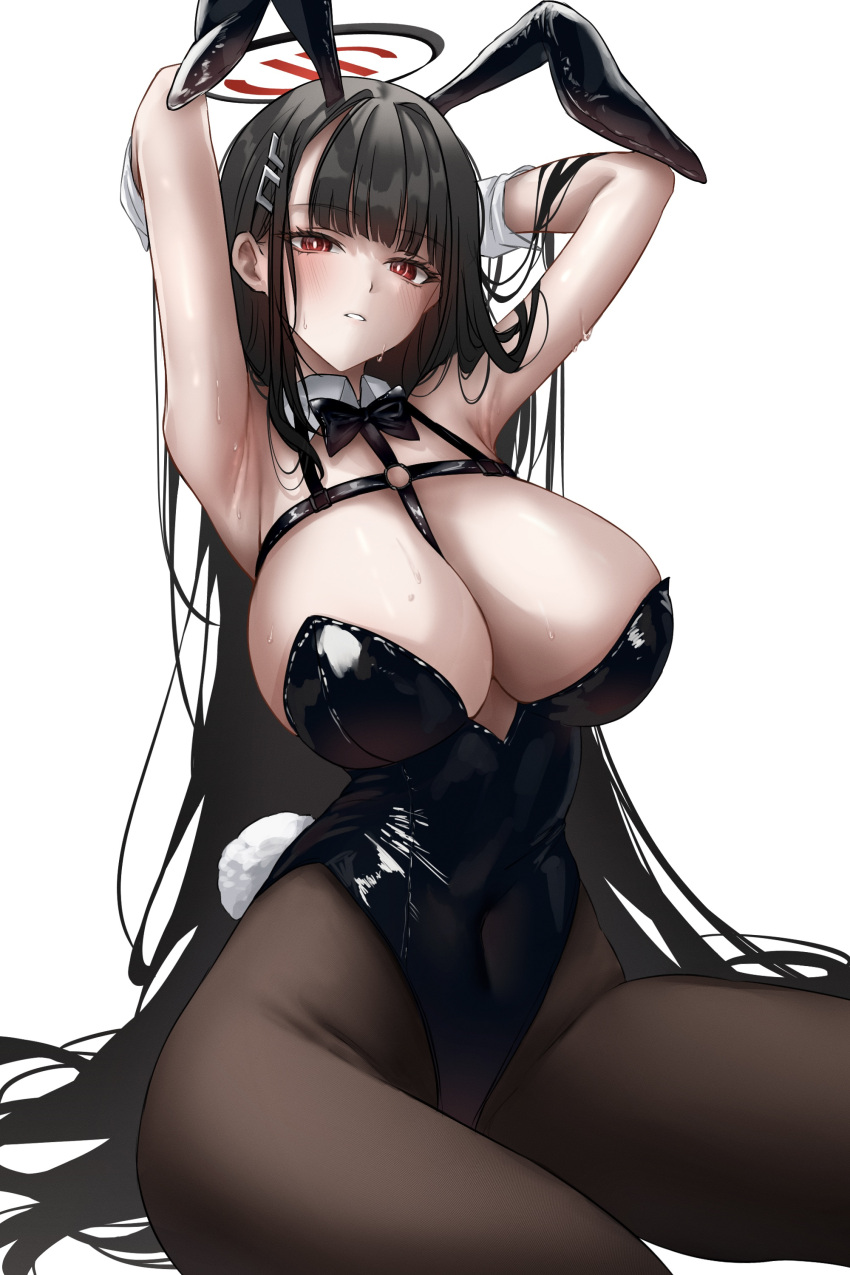 1girl absurdres animal_ear_hairband animal_ears armpits arms_up at_congju between_breasts black_bow black_bowtie black_hair black_leotard black_pantyhose blue_archive blush bow bowtie breasts commentary covered_navel duplicate fake_animal_ears fake_tail hairband halo highleg highleg_leotard highres huge_breasts leotard long_hair looking_at_viewer o-ring_strap pantyhose presenting_armpit rabbit_ear_hairband rabbit_ears rabbit_tail red_eyes rio_(blue_archive) simple_background sitting solo strap_between_breasts sweat tail very_long_hair white_background wrist_cuffs