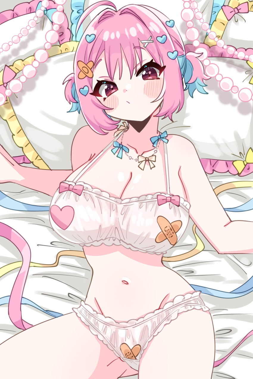 1girl absurdres ahoge bandaid bandaid_hair_ornament bare_shoulders blue_hair blush bra breasts cleavage collarbone groin hair_intakes hair_ornament heart heart_hair_ornament highres idolmaster idolmaster_cinderella_girls large_breasts looking_at_viewer lying multicolored_hair navel on_bed panties pillow pink_hair short_hair short_twintails solo sukoyaka_(100hituzi) thighs twintails two-tone_hair underwear white_bra white_panties yumemi_riamu