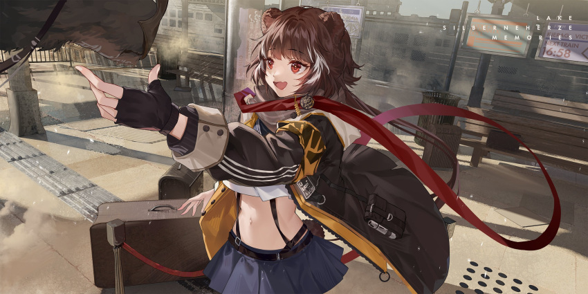 1girl animal_ears arknights bad_perspective bear_ears bear_girl bench black_gloves black_jacket blue_skirt brown_hair cityscape commentary cow english_text fingerless_gloves gloves hand_up highres hongbaise_raw jacket lamppost leto_(arknights) midriff mixed-language_commentary multicolored_hair open_clothes open_jacket open_mouth outdoors pleated_skirt red_eyes red_scarf scarf sign skirt smile solo streaked_hair suitcase suspenders white_hair