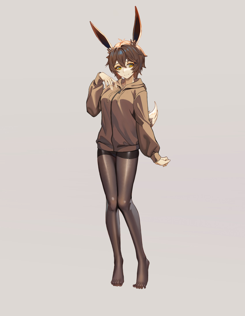 1girl absurdres animal_ears bike_shorts breasts brown_hair brown_hoodie commission full_body grey_background hand_on_own_chest highres hood hoodie looking_at_viewer medium_breasts original pantyhose rabbit_ears rabbit_girl rabbit_tail shen_hai_ichigo short_hair smile solo standing tail variant_set yellow_eyes