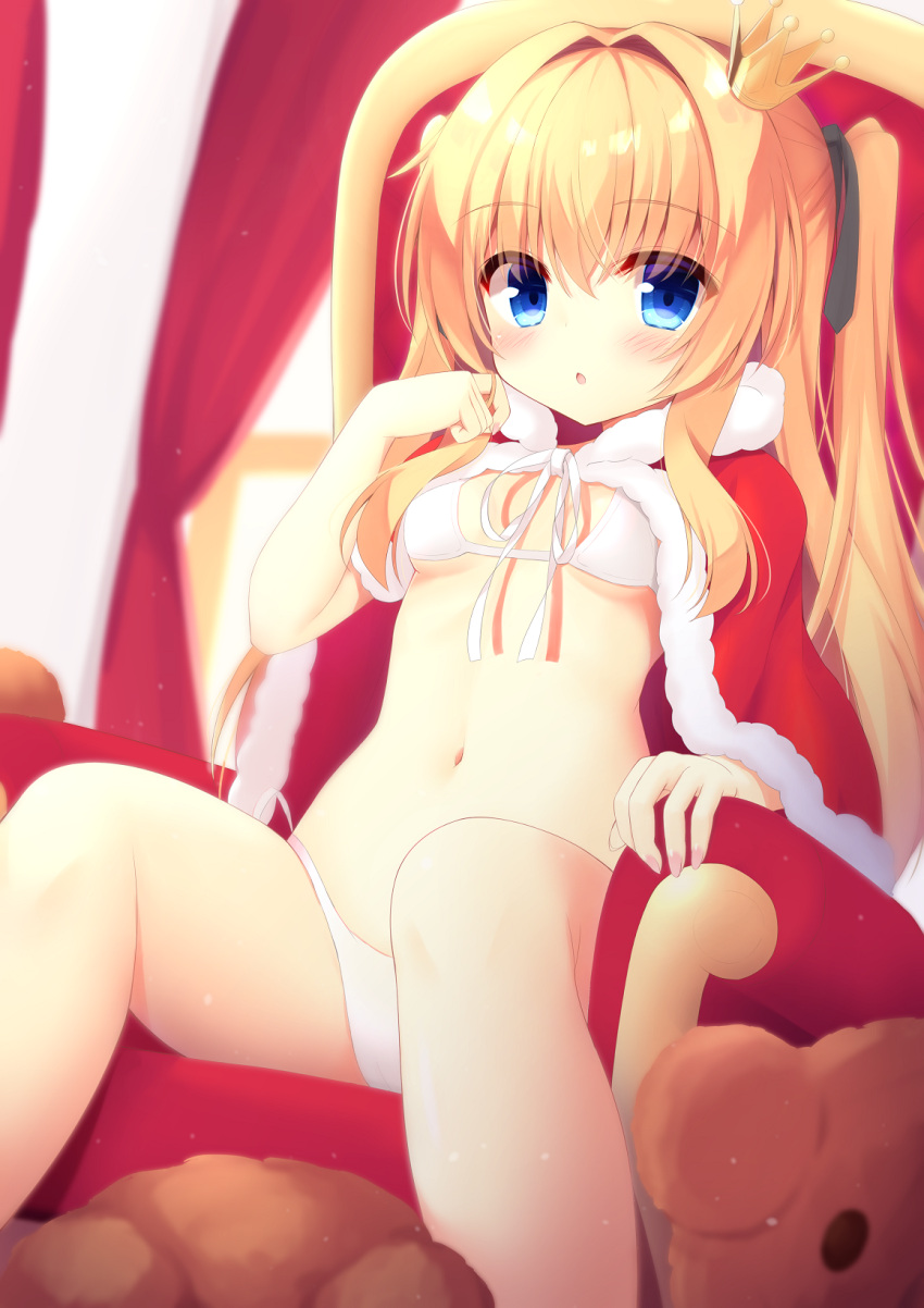 1girl :o arm_rest armchair bare_legs bikini black_ribbon blonde_hair blue_eyes blurry blurry_background blush breasts cape chair crown curtains feet_out_of_frame fur-trimmed_cape fur_trim hair_between_eyes hair_ribbon hand_in_own_hair hand_up highres hiragana_iroiro indoors legs_apart long_hair looking_at_viewer navel on_chair open_mouth original red_cape red_curtains ribbon sidelocks sitting small_breasts solo stuffed_animal stuffed_toy swimsuit teddy_bear two_side_up white_bikini white_ribbon