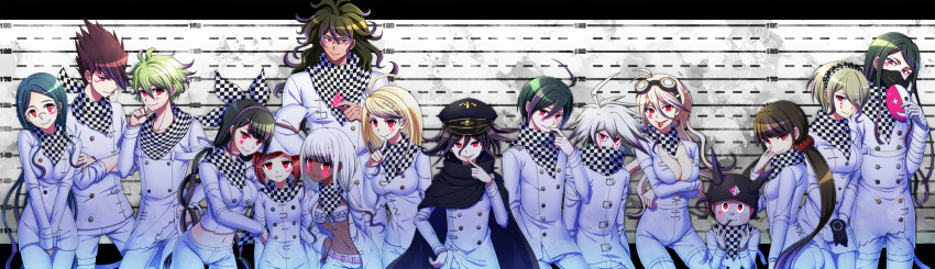6+boys 6+girls :3 ahoge akamatsu_kaede amami_rantaro animal_ear_headwear animal_ears antenna_hair aqua_hair arm_belt arms_under_breasts belt bikini black-framed_eyewear black_bow black_cloak black_hairband black_hat black_mask black_scarf blonde_hair blue_hair blush_stickers bow breasts brown_hair bug butterfly butterfly_on_hand buttons cat_ears center_opening checkered_bow checkered_clothes checkered_hairband checkered_scarf cleavage cloak closed_mouth collarbone cosplay covered_mouth cowboy_shot crossed_arms danganronpa_(series) danganronpa_v3:_killing_harmony dark-skinned_female dark_skin double-breasted everyone facial_mark fake_animal_ears finger_to_own_chin frilled_bikini frills glasses goggles goggles_on_head gokuhara_gonta green_hair hair_between_eyes hair_bow hair_ornament hair_over_one_eye hair_scrunchie hairband hand_on_own_chin hand_on_own_hip hand_on_own_neck hands_on_lap harukawa_maki hat head_tilt height_difference highres holding holding_another's_arm holding_mask hoshi_ryoma iruma_miu jacket large_breasts letterboxed lineup long_hair long_sleeves looking_at_viewer low_twintails marking_on_cheek mask messy_hair midriff military_hat momota_kaito mouth_mask multiple_belts multiple_boys multiple_girls musical_note musical_note_hair_ornament navel nejimo oma_kokichi oma_kokichi_(cosplay) open_clothes open_jacket open_mouth outside_border pink_belt pink_butterfly pink_hairband purple_hair red_eyes red_hair red_scrunchie round_eyewear saihara_shuichi scarf scrunchie shinguji_korekiyo shirogane_tsumugi short_hair smile smoking spiked_hair star_(symbol) star_facial_mark swimsuit thigh_belt thigh_strap third-party_source tojo_kirumi tongue turtleneck twintails two-tone_bow two-tone_hairband two-tone_scarf very_long_hair wavy_hair white_belt white_bikini white_bow white_hair white_hairband white_hat white_jacket white_scarf white_sleeves witch_hat yonaga_angie yumeno_himiko zipper