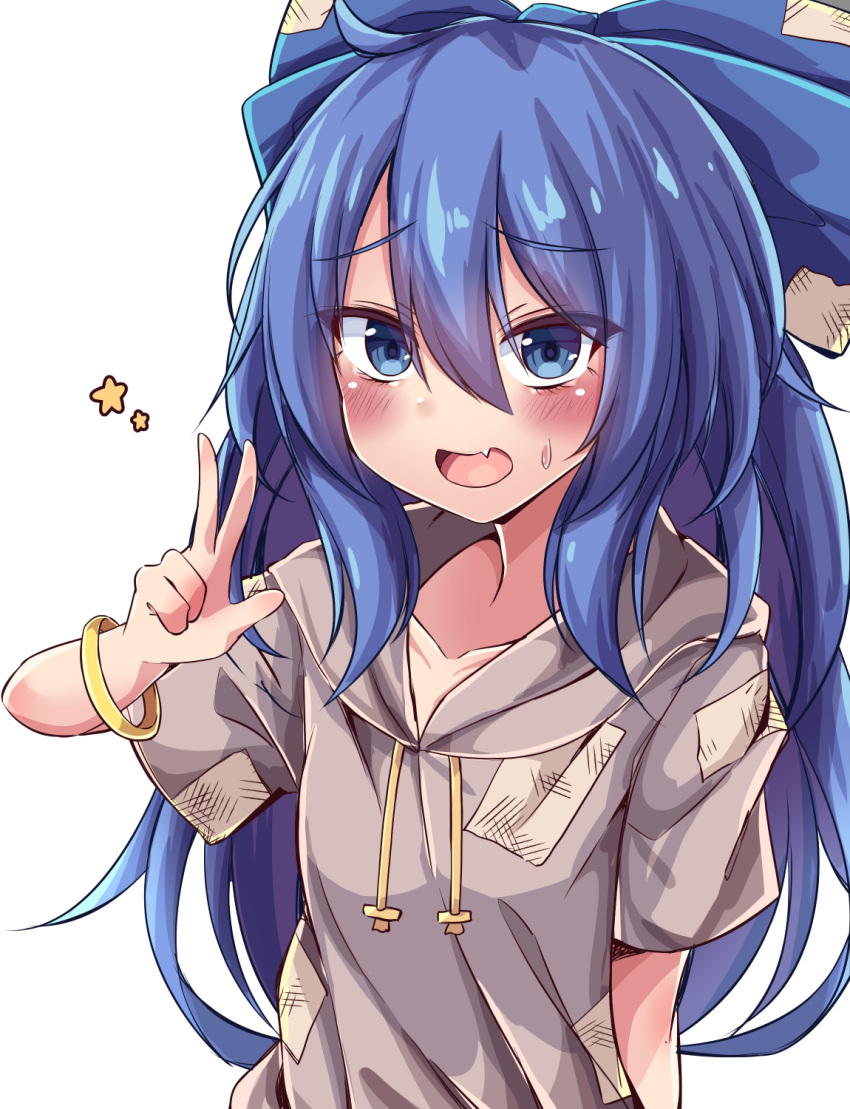 1girl :d arm_behind_back blue_bow blue_eyes blue_hair blush bow debt fang hair_between_eyes hair_bow highres long_hair looking_at_viewer messy_hair shirt siw0n smile solo upper_body very_long_hair w yorigami_shion