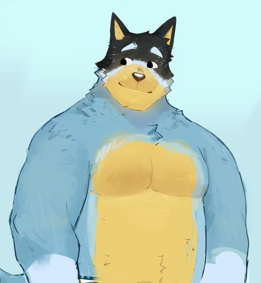 1boy bandit_heeler bara belly black_hair blue_fur bluey dog_boy furry furry_male highres light_smile looking_to_the_side makfuno male_focus mature_male muscular muscular_male no_nipples nude plump short_hair smile solo sparse_stubble stomach tareme thick_eyebrows upper_body