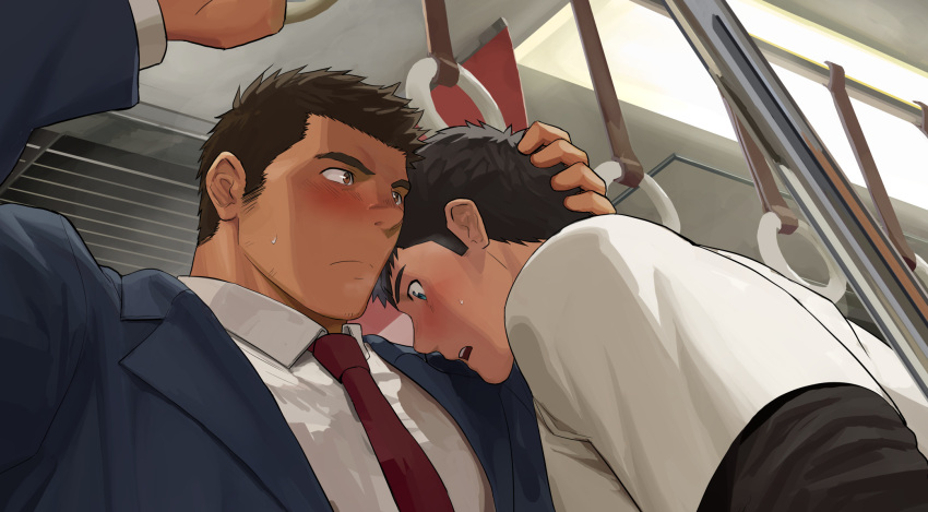 2boys accident averting_eyes bara black_hair black_jacket blue_eyes blush breath brown_eyes brown_hair bus_interior chikan closed_mouth collared_shirt dainyuu_(dgls) dark-skinned_male dark_skin facial_hair formal hand_on_another's_head highres humping jacket male_focus medium_sideburns multiple_boys muscular muscular_male necktie open_clothes open_jacket original out-of-frame_censoring salaryman shirt short_hair sideburns sideburns_stubble sparse_stubble stubble suit train_interior white_shirt yaoi