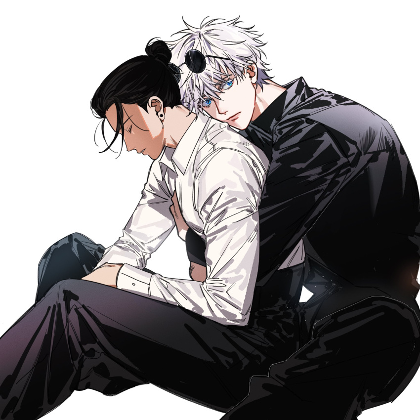 2boys arm_on_thigh black_hair black_jacket black_pants blue_eyes closed_mouth couple dress_shirt earrings elbow_on_thigh from_side gakuran getou_suguru gojou_satoru hair_bun head_on_another's_back highres hug hug_from_behind jacket jewelry jujutsu_kaisen looking_down looking_to_the_side loose_hair_strand male_focus messy_hair multiple_boys my_onenon1y pant_suit pants parted_lips school_uniform shirt short_hair simple_background sitting stud_earrings suit white_background white_eyelashes white_hair white_shirt yaoi