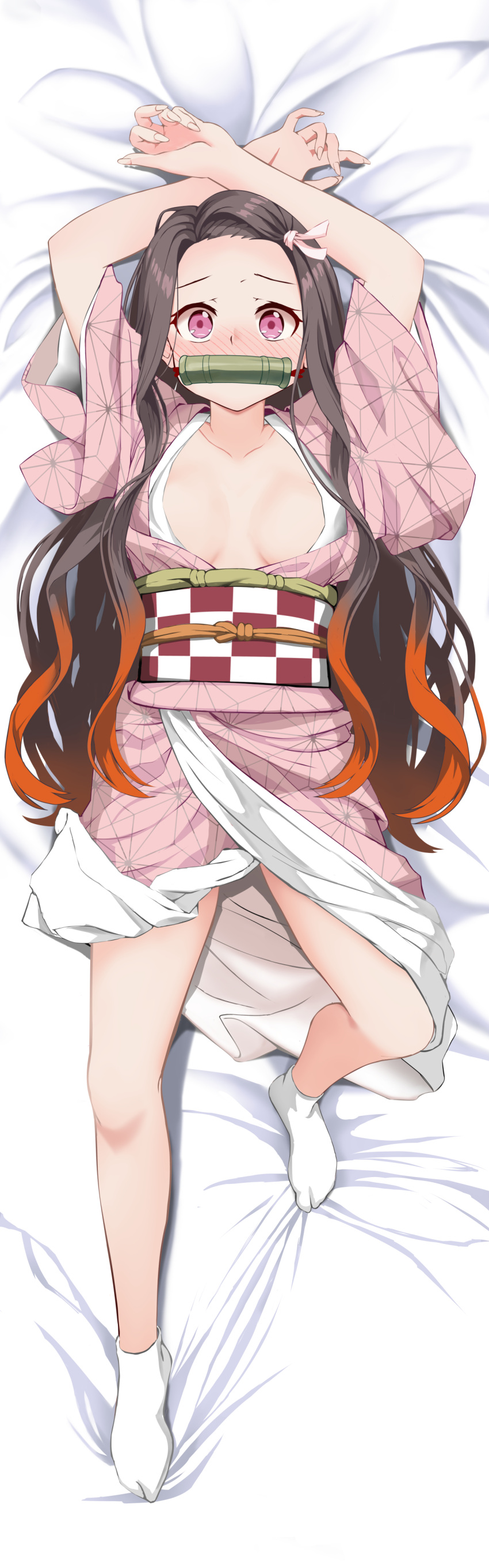 1girl 2021 absurdres arms_up asa_no_ha_(pattern) bare_arms bed_sheet black_hair blush breasts cleavage collarbone commentary_request crossed_arms dakimakura_(medium) dated_commentary embarrassed fingernails forehead full_body gibun_(sozoshu) gradient_hair hair_ribbon hair_spread_out highres japanese_clothes kamado_nezuko kimetsu_no_yaiba kimono knee_up long_fingernails long_hair long_sleeves looking_at_viewer lying medium_breasts multicolored_hair no_shoes nose_blush on_back open_clothes open_kimono orange_hair parted_bangs pink_eyes pink_kimono ribbon solo tabi thighs very_long_hair white_ribbon wide-eyed wide_sleeves yukata