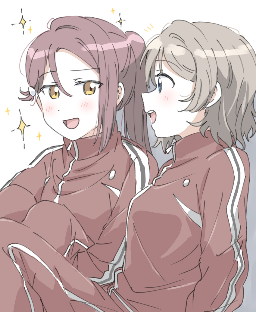 2girls absurdres alternate_hairstyle blue_eyes blush brown_eyes commentary_request grey_hair highres hugging_own_legs jacket long_hair long_sleeves looking_at_another love_live! love_live!_sunshine!! multiple_girls open_mouth pants ponytail red_hair red_jacket red_pants sakurauchi_riko short_hair single_sidelock sitting sparkle teeth track_jacket upper_body upper_teeth_only watanabe_you yuchi_(salmon-1000)