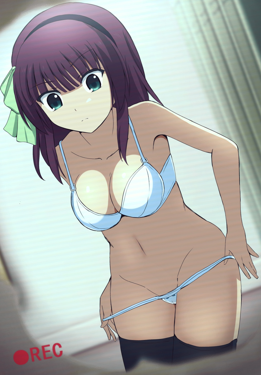 1girl absurdres angel_beats! arms_at_sides bare_arms black_hairband black_thighhighs blunt_bangs blurry blurry_background bow bra breasts cleavage closed_mouth collarbone colored_eyelashes commentary_request cowboy_shot curvy dutch_angle eyes_visible_through_hair film_grain green_bow green_eyes groin hair_bow hairband hidden_camera highres indoors lelie_(lelie_link) looking_down medium_breasts medium_hair nakamura_yuri navel paid_reward_available panties panty_pull pulled_by_self purple_hair recording solo split_mouth straight_hair thighhighs underwear undressing white_bra white_panties