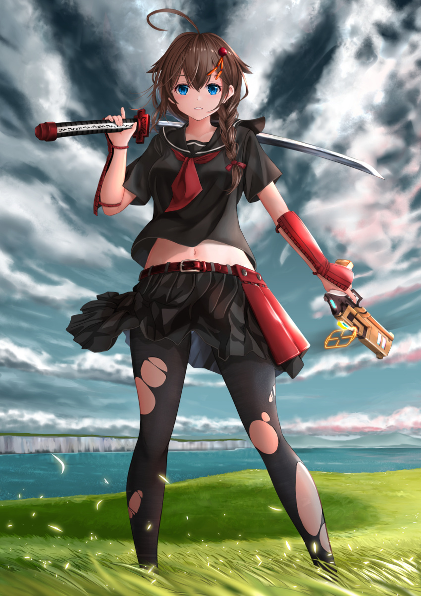 1girl ahoge akame_ga_kill! black_pantyhose black_serafuku black_shirt black_skirt blue_eyes braid breasts brown_hair cloud cloudy_sky commentary_request commission cosplay day feet_out_of_frame floating_clothes gibun_(sozoshu) grass gun hair_flaps hair_ornament hair_over_shoulder handgun highres holding holding_gun holding_sword holding_weapon kantai_collection katana kurome_(akame_ga_kill!) kurome_(akame_ga_kill!)_(cosplay) looking_at_viewer midriff miniskirt navel neckerchief outdoors pantyhose parted_lips pleated_skirt red_neckerchief school_uniform serafuku shigure_(kancolle) shigure_kai_ni_(kancolle) shirt short_sleeves single_braid skirt sky small_breasts solo standing sword torn_clothes torn_pantyhose vambraces weapon