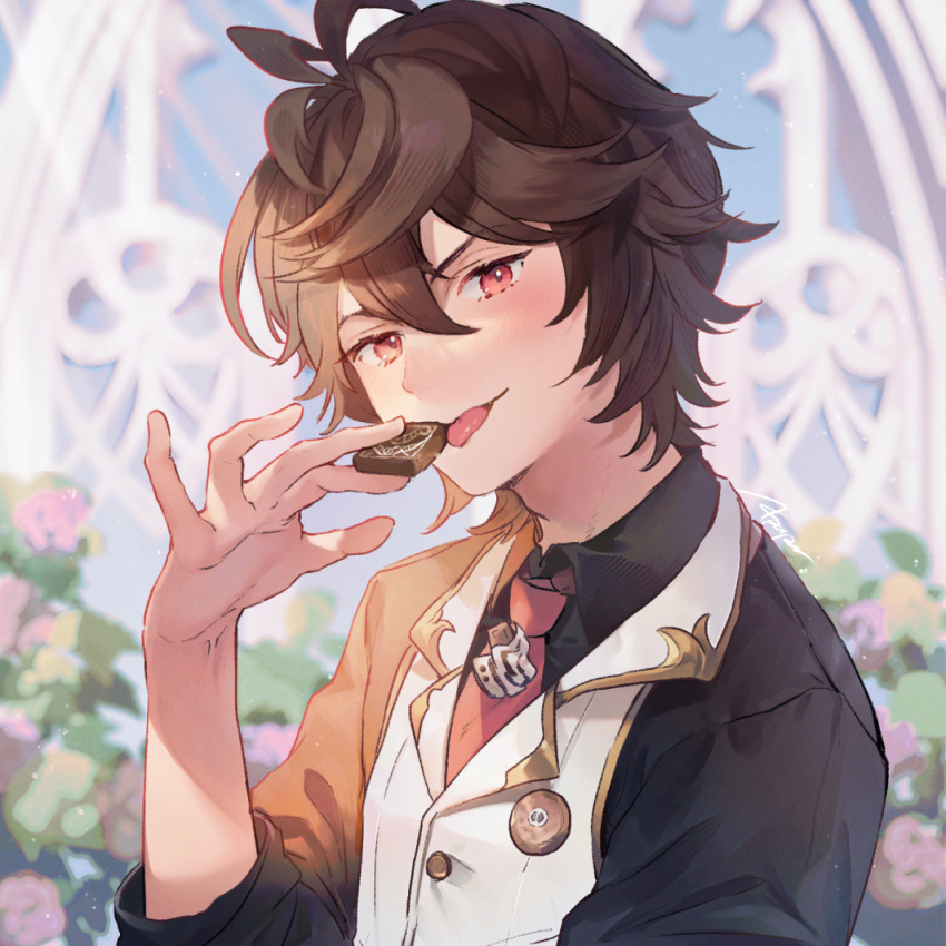 1boy ahoge arm_up black_shirt blurry brown_hair buttons chocolate commentary_request depth_of_field dress_shirt endend_(shinia) english_commentary food garden granblue_fantasy hair_between_eyes holding holding_chocolate holding_food imminent_bite light_particles light_rays looking_at_viewer messy_hair mixed-language_commentary necktie official_alternate_costume red_eyes red_necktie sandalphon_(granblue_fantasy) shirt short_hair signature sleeves_rolled_up smile tongue tongue_out upper_body vest white_vest