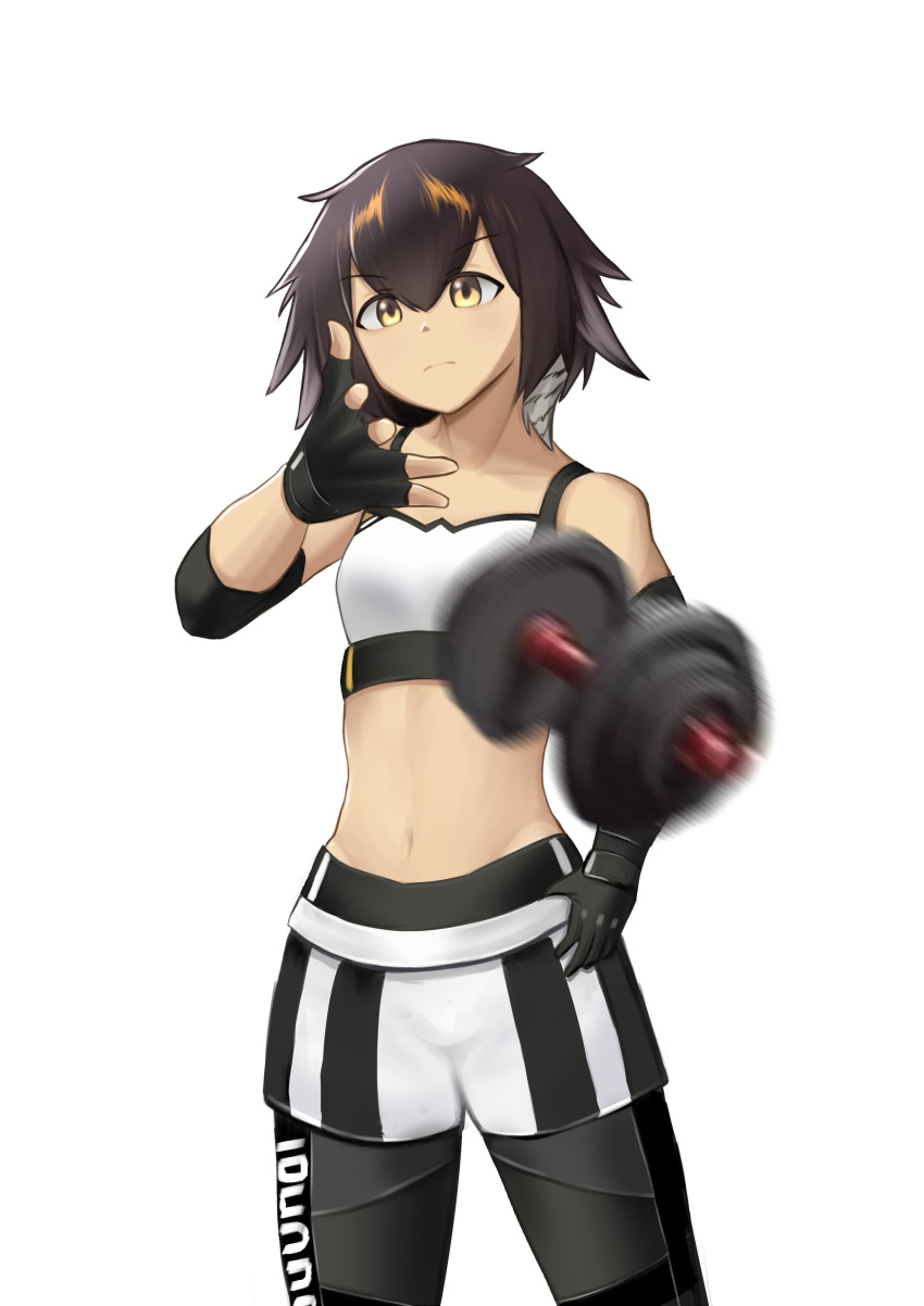 1girl absurdres arknights bare_shoulders black_gloves black_pants breasts brown_hair commentary cowboy_shot crop_top dumbbell fingerless_gloves gloves highres leansdsd leggings midriff navel official_alternate_costume pants plume_(arknights) plume_(easy_time)_(arknights) short_hair shorts simple_background small_breasts solo sports_bra standing stomach throwing white_background white_shorts yellow_eyes