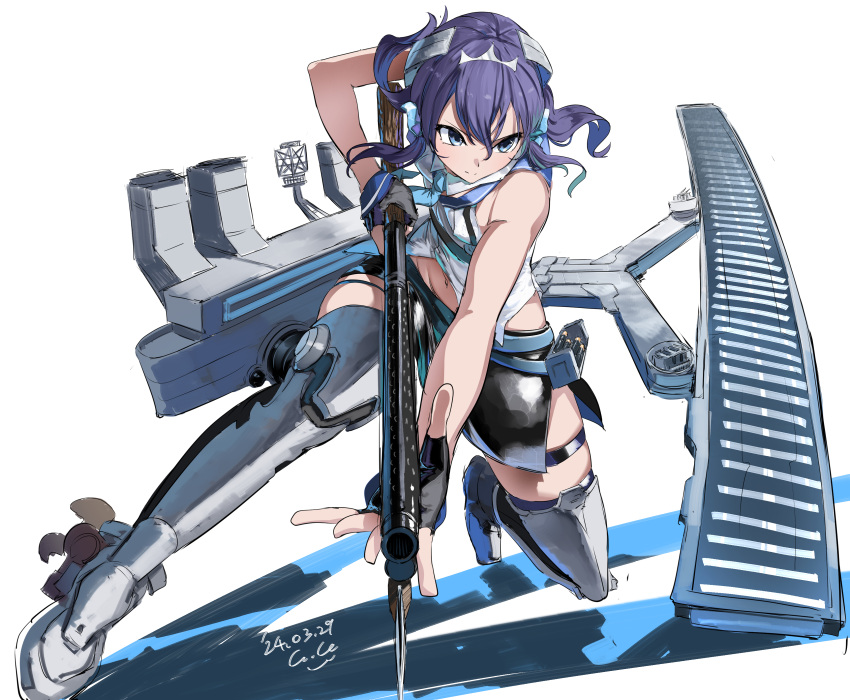 1girl absurdres black_gloves blue_eyes fingerless_gloves flight_deck gegeron gloves gun hair_ornament hair_ribbon headgear highres kantai_collection langley_(kancolle) medium_hair necktie pencil_skirt pump_action purple_hair ribbon shirt shotgun skirt sleeveless sleeveless_shirt solo thighhighs weapon white_shirt winchester_model_1897