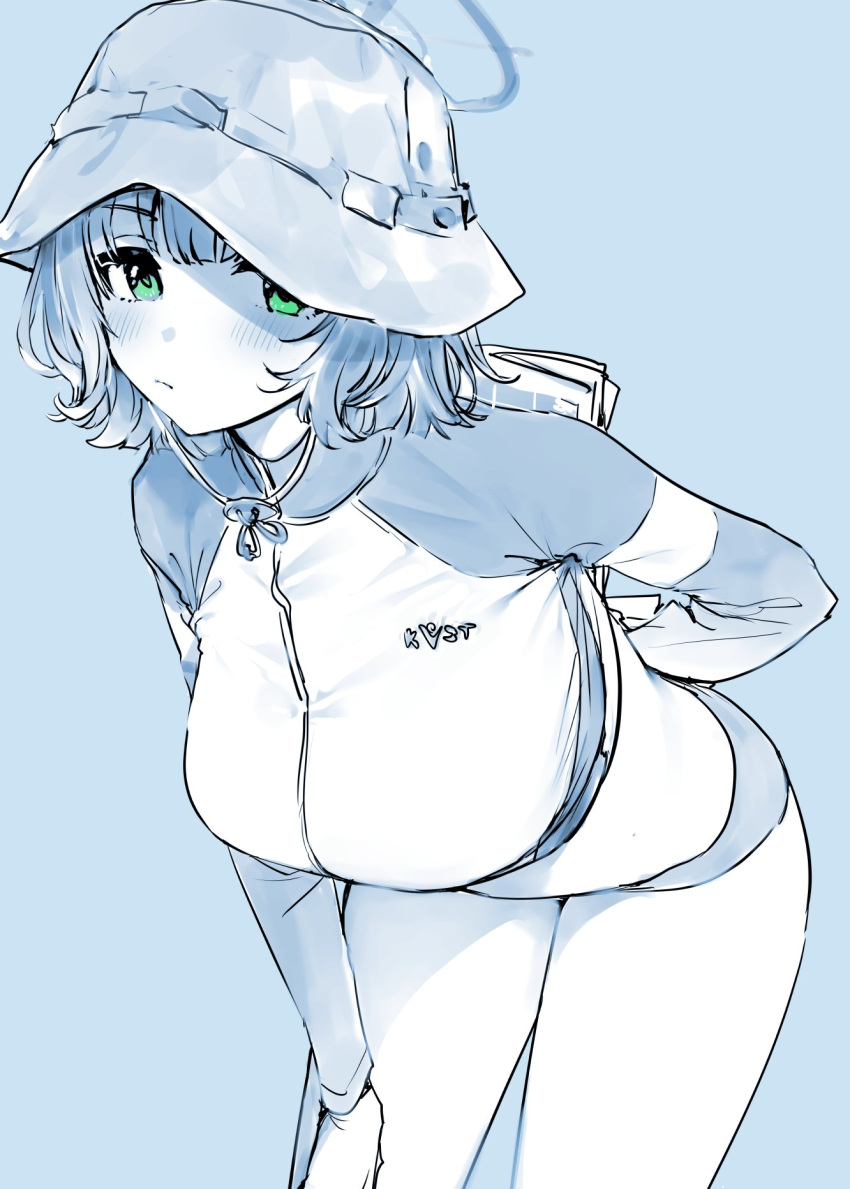 1girl arm_behind_back bikini bikini_bottom_only blue_archive blue_background breasts bucket_hat closed_mouth crop_top goshiki_suzu green_eyes halo hat highres large_breasts leaning_forward long_sleeves looking_at_viewer official_alternate_costume raglan_sleeves saki_(blue_archive) saki_(swimsuit)_(blue_archive) short_hair simple_background solo swimsuit