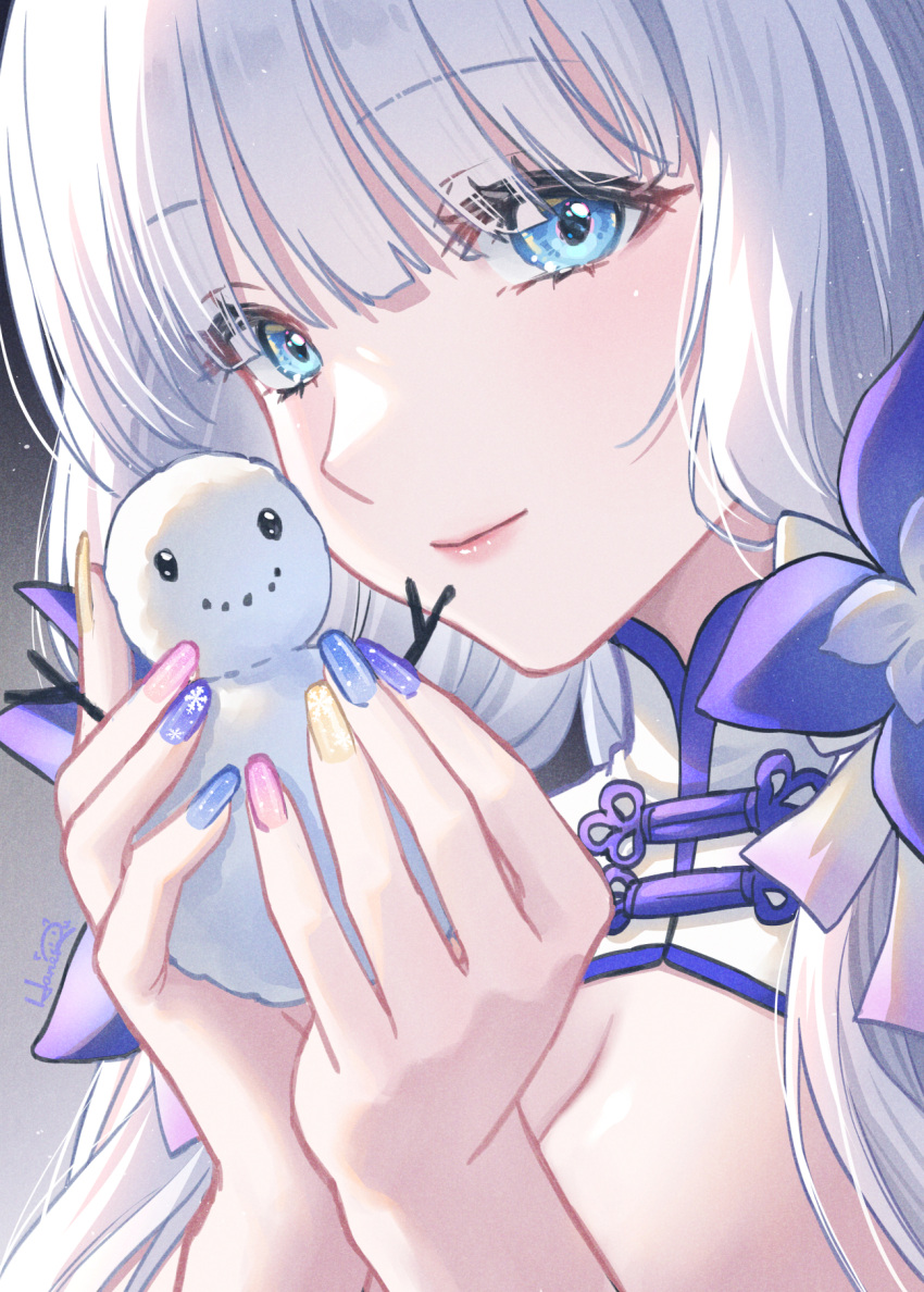 1girl azur_lane blue_flower blue_nails breasts china_dress chinese_clothes cleavage closed_mouth commentary_request dress flower hair_flower hair_ornament hands_up haneru highres holding_snowman illustrious_(azur_lane) illustrious_(maiden_lily's_radiance)_(azur_lane) lips long_hair looking_at_viewer nail_polish official_alternate_costume pink_nails signature snowman solo white_dress white_hair yellow_nails