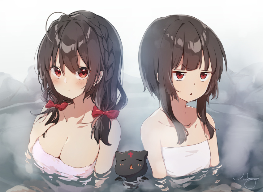 2girls ahoge bare_shoulders bathing black_hair bow breast_envy breasts brown_hair cat chomusuke cleavage closed_mouth collarbone commentary_request flat_chest hair_bow highres jitome kono_subarashii_sekai_ni_shukufuku_wo! large_breasts looking_at_viewer medium_hair megumin multiple_girls naked_towel nut_megu onsen open_mouth partially_submerged red_bow red_eyes short_hair_with_long_locks signature solo steam towel triangle_mouth twintails water yunyun_(konosuba)