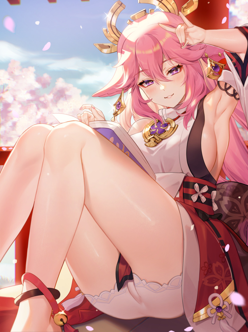 1girl arm_up armpits ass blue_sky blush book cherry_blossoms cherry_tree commentary_request day detached_sleeves dress gem genshin_impact hair_between_eyes hair_ornament highres japanese_clothes knees_up looking_at_viewer outdoors pink_hair purple_eyes ritsu_(re710pngn) sidelocks sitting sky smile solo thighs white_dress yae_miko