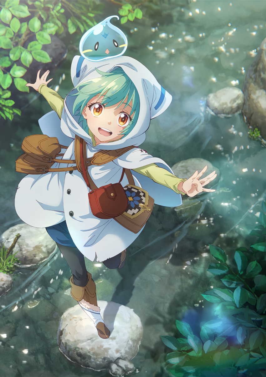 :d \o/ absurdres aqua_hair arms_up bag cape diamond_mouth highres ivy_(saijaku_tamer) leg_up looking_at_viewer nature official outdoors outstretched_arms palm rock_balancing saijaku_tamer_wa_gomi_hiroi_no_tabi_wo_hajimemashita shoulder_bag smile sora_(saijaku_tamer) source_request spread_arms standing_on_rock teeth upper_teeth_only water_stream white_cape white_hood