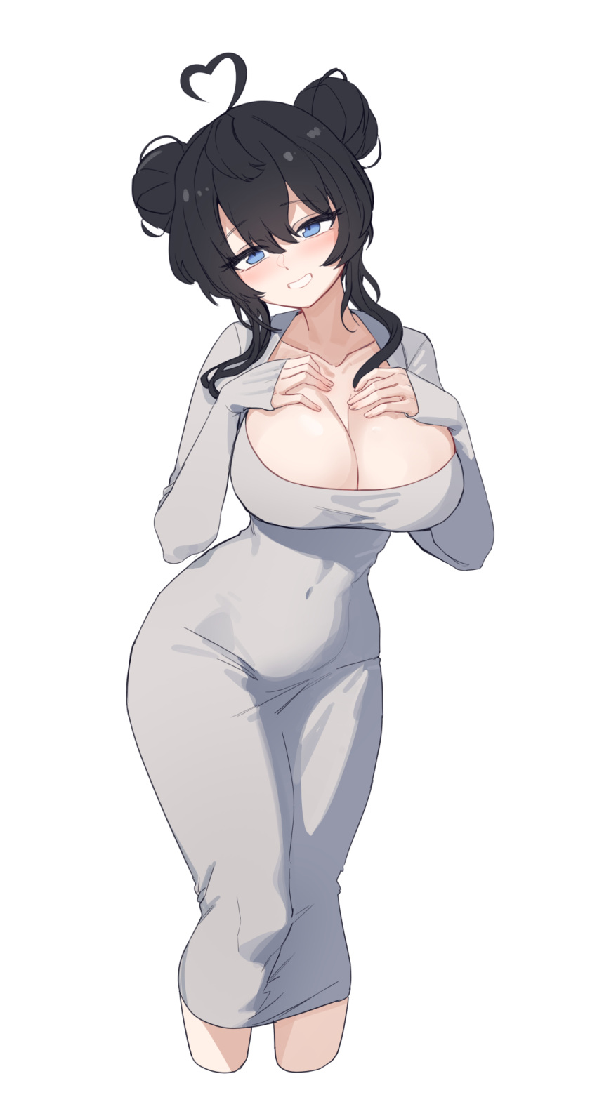 1girl ahoge aningay blue_eyes blush breasts cleavage collarbone commentary_request covered_navel cropped_jacket cropped_legs dongtan_dress double_bun dress grey_dress grey_jacket grin hair_between_eyes hair_bun hands_up head_tilt heart heart_ahoge highres jacket korean_commentary large_breasts long_sleeves meme_attire open_clothes open_jacket original sidelocks simple_background sleeves_past_wrists smile solo white_background