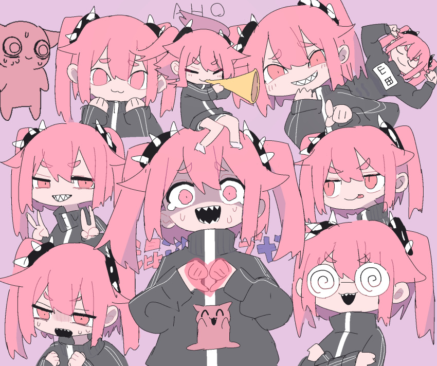 1girl :3 :p animal black_shorts black_track_suit cat closed_eyes closed_mouth coke-bottle_glasses crossed_arms double_v glasses hair_between_eyes hands_up heart heart_hands highres holding holding_instrument horn_(instrument) instrument konton_boogie_(vocaloid) long_hair looking_at_viewer looking_to_the_side open_mouth partially_shaded_face pink_background pink_eyes pink_hair pointing pointing_at_viewer ruten_(onakasukusuku) sharp_teeth shorts sidelocks simple_background smile smug sweat tears teeth tongue tongue_out track_suit trumpet twintails v variations vocaloid vuvuzela white_footwear