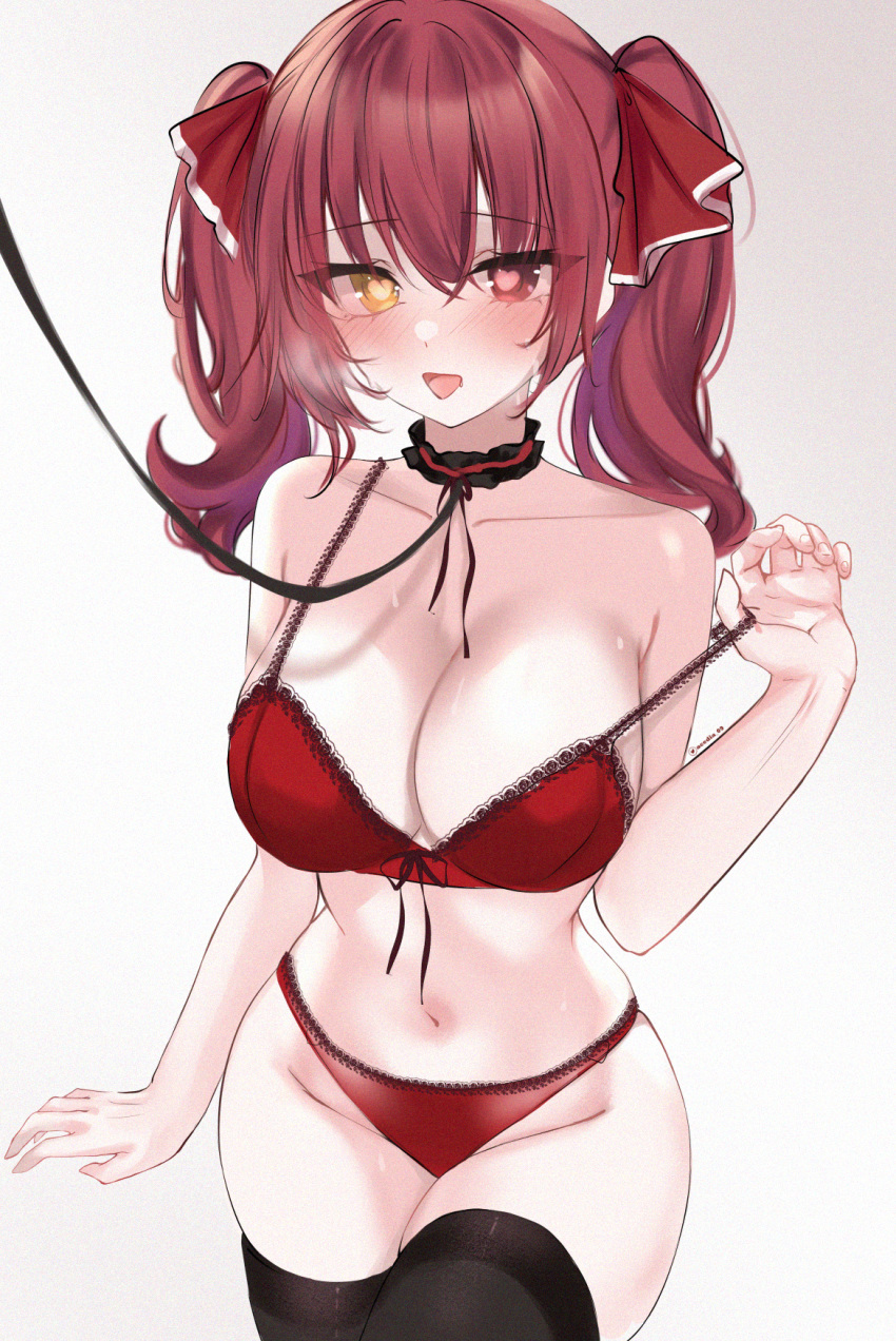 1girl acedia bare_shoulders black_choker black_thighhighs blush bra breasts choker cleavage collarbone commentary_request cowboy_shot frilled_choker frills hair_ornament heart heart-shaped_pupils heterochromia highres hololive houshou_marine large_breasts navel open_mouth panties pet_play red_bra red_eyes red_hair red_panties simple_background solo stomach strap_slip symbol-shaped_pupils thighhighs twintails underwear underwear_only virtual_youtuber white_background yellow_eyes