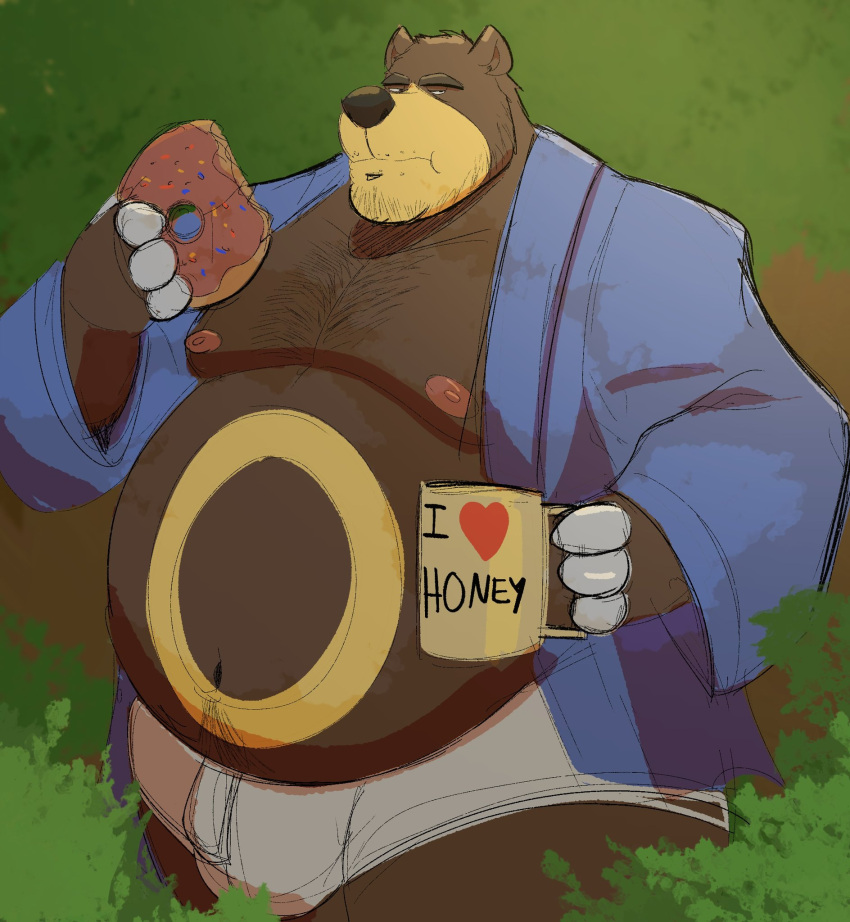 2024 anthro belly big_belly black_nose brown_body clothing dessert dippubear doughnut english_text food generation_2_pokemon hi_res male moobs mug nintendo nipples overweight overweight_male pokemon pokemon_(species) solo text underwear ursaring