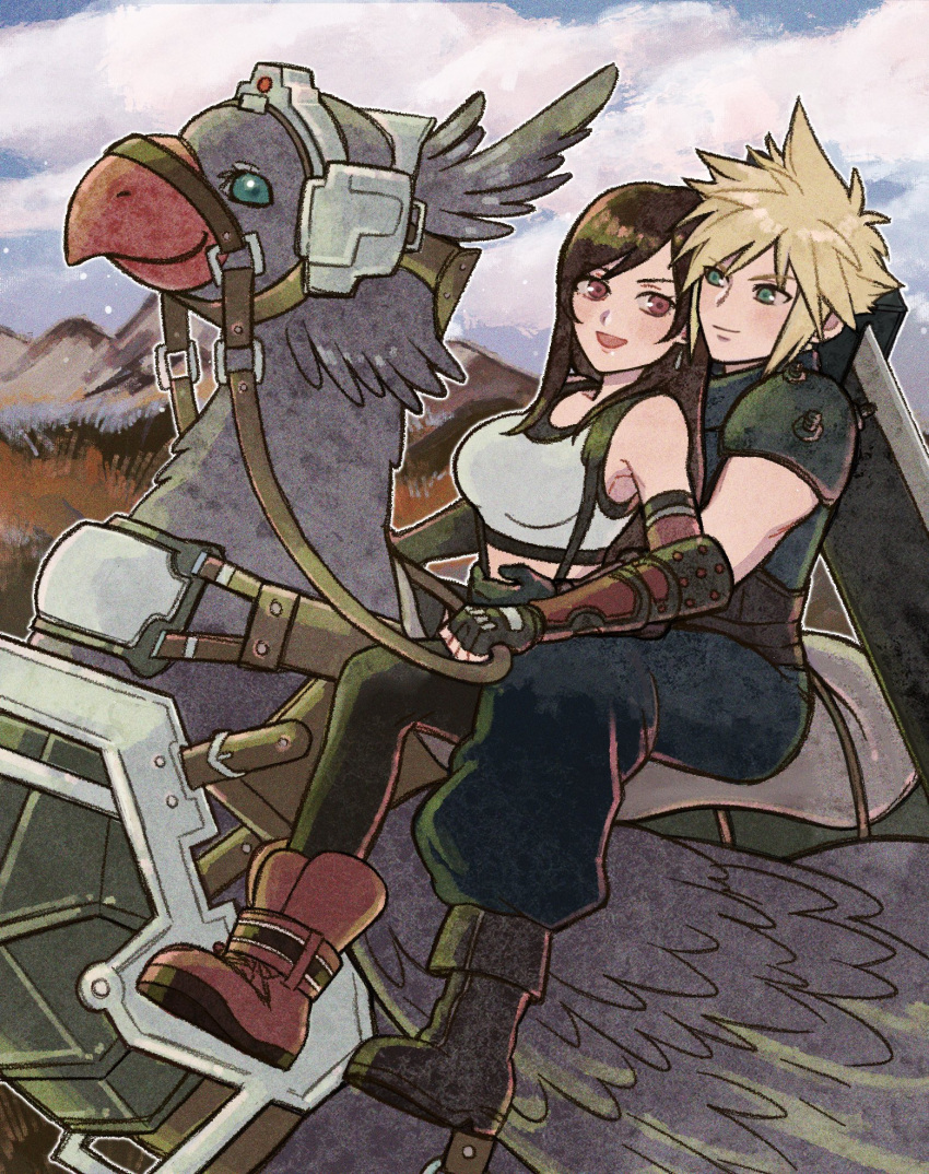 1boy 1girl armor baggy_pants bare_shoulders bird black_gloves black_hair black_skirt black_thighhighs blonde_hair blue_eyes blue_sky boots breasts buster_sword chocobo closed_mouth cloud cloud_strife cloudy_sky commentary_request couple crop_top earrings elbow_gloves final_fantasy final_fantasy_vii final_fantasy_vii_rebirth final_fantasy_vii_remake fingerless_gloves from_side gloves hand_on_another's_stomach highres holding holding_reins jewelry large_breasts light_blush long_hair looking_at_another midriff mountainous_horizon open_mouth outdoors pants red_eyes red_footwear reins rena_s1226 riding riding_animal short_hair shoulder_armor single_arm_guard single_earring sitting skirt sky sleeveless sleeveless_turtleneck smile spiked_hair suspender_skirt suspenders sweatdrop sweater tank_top thighhighs tifa_lockhart turtleneck turtleneck_sweater weapon weapon_on_back white_tank_top