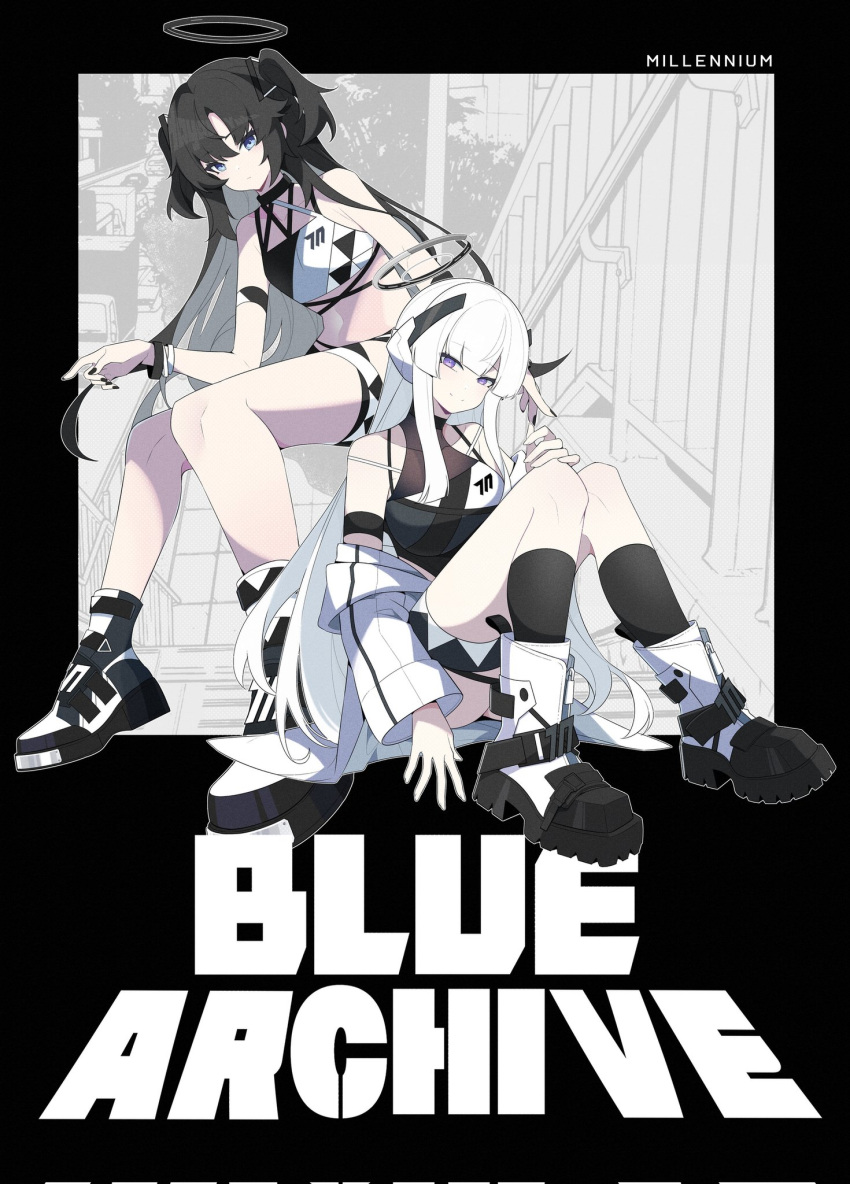 2girls alternate_hair_color anchorage_akiko black_footwear black_hair black_halo black_socks blue_archive blue_eyes blunt_bangs closed_mouth commentary copyright_name corrupted_twitter_file full_body halo highres kneehighs long_hair looking_at_viewer midriff millennium_science_school_logo multiple_girls navel noa_(blue_archive) parted_bangs purple_eyes sitting smile socks two_side_up very_long_hair white_hair yuuka_(blue_archive)