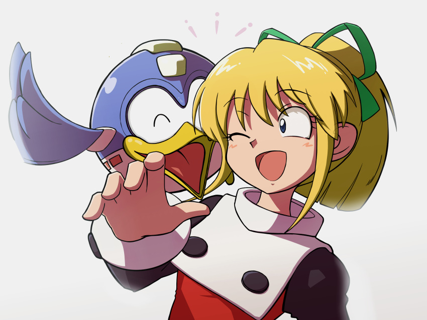 1girl beak beat_(mega_man) bird blonde_hair blue_eyes dress hair_ribbon high_ponytail highres long_hair mega_man_(classic) mega_man_(series) non-humanoid_robot one_eye_closed open_mouth red_dress ribbon robot robot_animal roll_(mega_man) simple_background tukitosupponc upper_body white_background