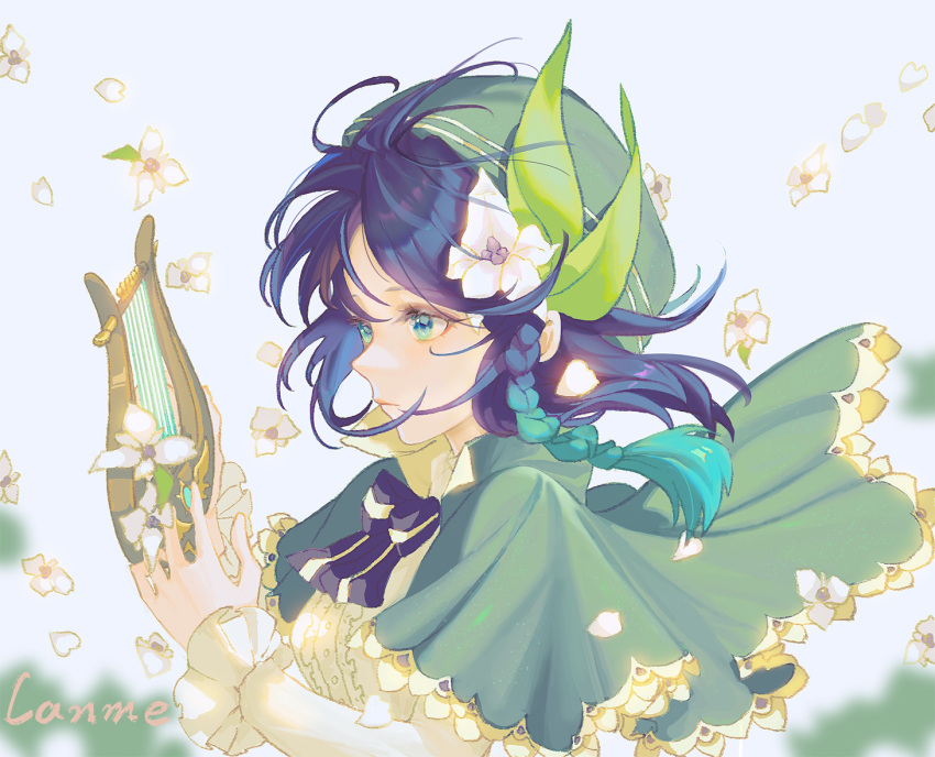 1other androgynous aqua_eyes aqua_hair artist_name bard black_bow bow braid cape collared_cape falling_flower flower genshin_impact gradient_hair green_cape hair_flower hair_ornament holding_lyre lyre multicolored_hair petals side_braids solo twin_braids venti_(genshin_impact) white_flower yxhd5725