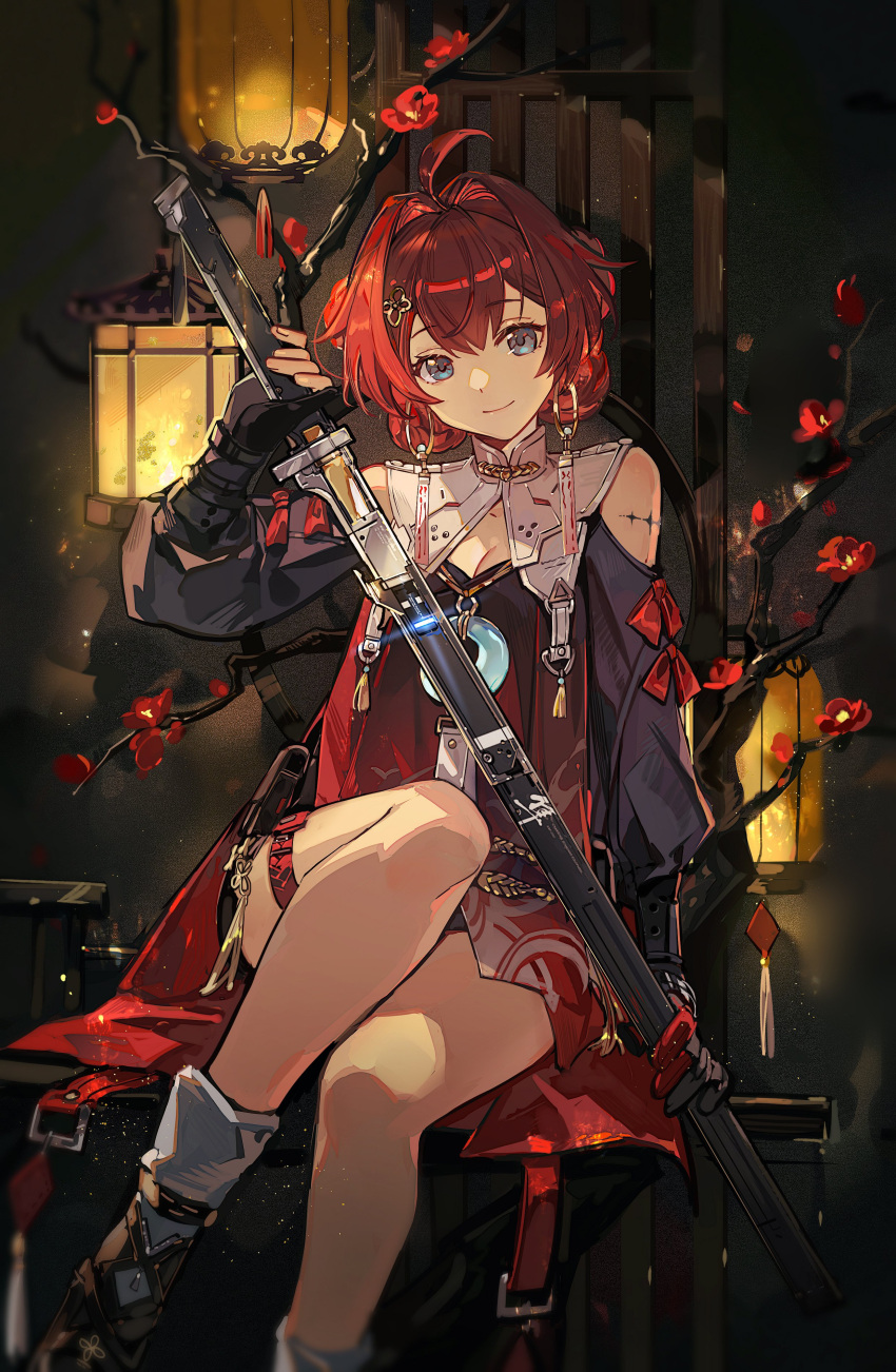 absurdres black_gloves breasts chair cleavage crescent crescent_necklace danjin_(wuthering_waves) earrings facing_viewer flower gloves hair_ornament hairclip hanging_lantern highres holding holding_sword holding_weapon jade_(gemstone) jewelry lantern mento necklace ofuda_earrings paper_lantern red_flower red_hair shoulder_tattoo sitting smile sword tattoo thighs weapon wuthering_waves