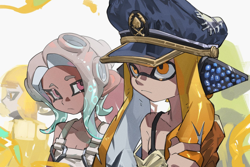 2girls agent_3_(splatoon) agent_4_(splatoon) agent_8_(splatoon) aqua_hair blonde_hair breasts cleavage closed_mouth commentary dark-skinned_female dark_skin gradient_hair grey_hair hat headphones inkling inkling_girl inkling_player_character kiwi_splatoon long_hair multicolored_hair multiple_girls octoling octoling_girl octoling_player_character peaked_cap red_eyes simple_background splatoon_(series) splatoon_3 tentacle_hair two-tone_hair white_background yellow_eyes