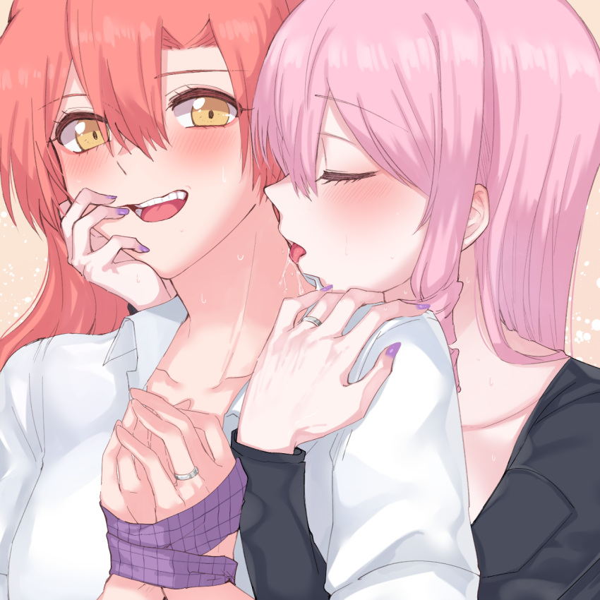 2girls aaaaddddd akuma_no_riddle black_shirt blush bound bound_wrists closed_eyes collared_shirt commentary drill_hair hand_on_another's_shoulder highres inukai_isuke jewelry licking licking_another's_neck long_hair long_sleeves multiple_girls open_mouth pink_hair purple_nails red_hair ring sagae_haruki shirt upper_body wedding_ring white_shirt wife_and_wife yellow_eyes yuri
