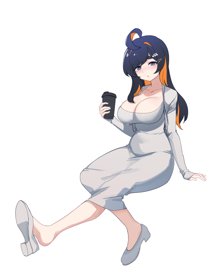 1girl :o ahoge aningay black_hair blue_eyes blush breasts character_request cleavage commentary_request cropped_jacket cup disposable_cup dongtan_dress dress full_body grey_dress grey_footwear grey_jacket hair_ornament hairclip highres holding holding_cup indie_virtual_youtuber jacket korean_commentary large_breasts long_hair long_sleeves looking_at_viewer meme_attire multicolored_hair nose_blush open_clothes open_jacket orange_hair parted_lips shoe_soles shoes short_eyebrows simple_background sleeves_past_wrists solo thick_eyebrows two-tone_hair very_long_hair virtual_youtuber white_background