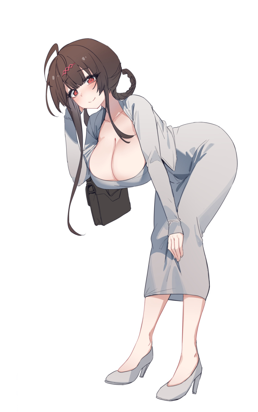 1girl ahoge aningay bent_over blush braid breasts brown_hair cleavage closed_mouth collarbone commentary_request cropped_jacket dongtan_dress dress dsr-50_(girls'_frontline) full_body girls'_frontline grey_dress grey_footwear grey_jacket hair_ornament hair_rings high_heels highres jacket korean_commentary large_breasts long_hair meme_attire open_clothes open_jacket red_eyes shoes sidelocks simple_background smile solo white_background