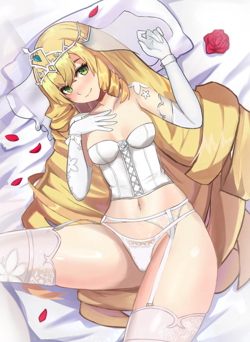 absurdres bed_sheet blonde_hair blush breasts bridal_garter bride bride_of_roses_lidica brulee corset dress drill_hair epic_seven flower green_eyes hand_on_own_chest highres lidica_(epic_seven) lingerie long_hair looking_at_viewer lying medium_breasts navel on_back panties pillow rose smile underwear very_long_hair wedding_dress white_corset