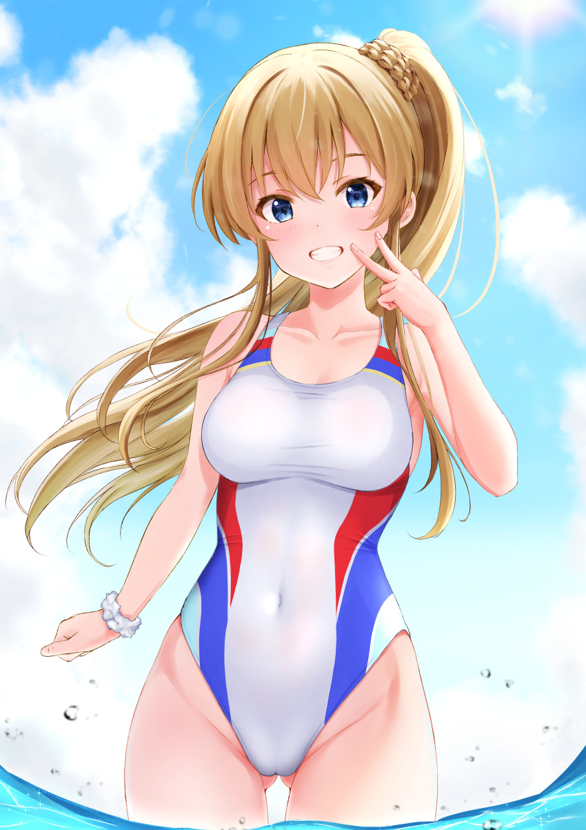 1girl absurdres ass_visible_through_thighs blonde_hair blue_eyes blue_sky braid breasts ca_paria cloud collarbone commentary_request competition_swimsuit covered_navel cowboy day grin hair_between_eyes highleg highleg_one-piece_swimsuit highleg_swimsuit highres idolmaster idolmaster_million_live! kousaka_umi long_hair looking_at_viewer medium_breasts one-piece_swimsuit outdoors ponytail scrunchie sky smile solo standing swimsuit v wading water_drop white_one-piece_swimsuit wrist_scrunchie