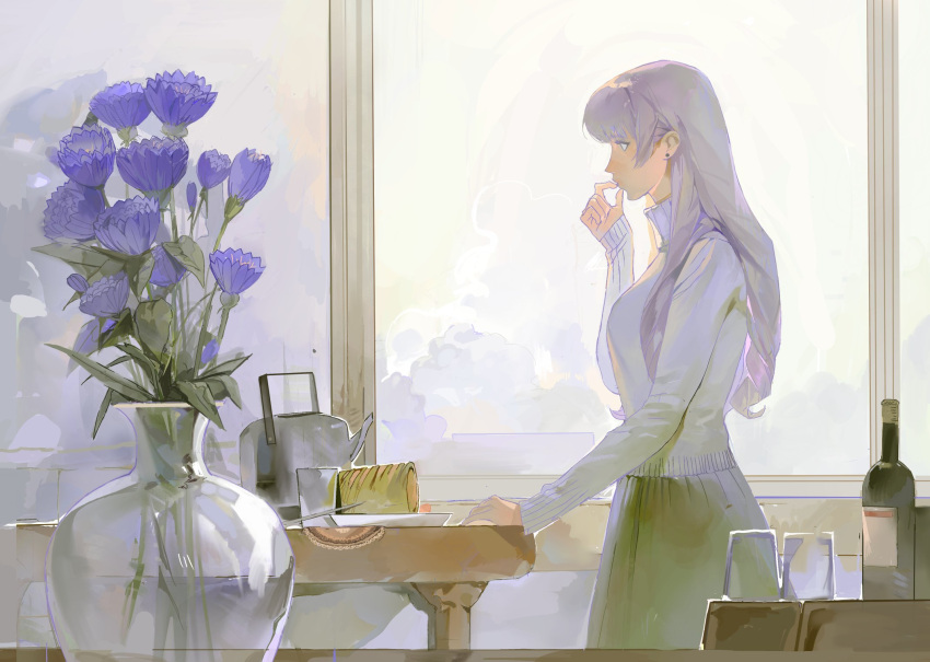 1girl bottle bread breasts commentary cup earrings finger_to_mouth flower food gba_dod green_skirt grey_hair hand_up highres indoors jewelry kettle knife long_hair long_sleeves medium_breasts original plate profile purple_flower skirt solo standing stud_earrings sunlight sweater table vase white_sweater window