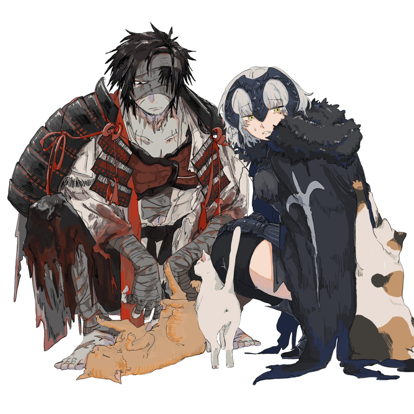 1boy 1girl armor bandage_over_one_eye bandaged_head bandages barefoot black_armor black_bandages black_hair black_thighhighs calico cape cat chiemon_(fate) fate/samurai_remnant fate_(series) fur-trimmed_cape fur_trim headpiece highres japanese_armor jeanne_d'arc_alter_(lancer)_(fate) multiple_scars plackart ruda_(ruda_0616_tfj) scar shoulder_armor sode squatting sweat tabby_cat thighhighs torn_cape torn_clothes white_background white_cat white_hair yellow_eyes