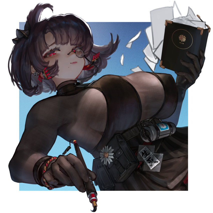 1girl black_dress black_hair blue_background book breasts calligraphy_brush dress earrings flying_paper girls'_frontline girls'_frontline_neural_cloud highres holding holding_book holding_brush holding_calligraphy_brush holding_paintbrush inset_border jewelry large_breasts lieeux looking_at_viewer mole mole_under_mouth monocle nora_(neural_cloud) paintbrush paper pouch red_eyes short_hair solo two-tone_background white_background