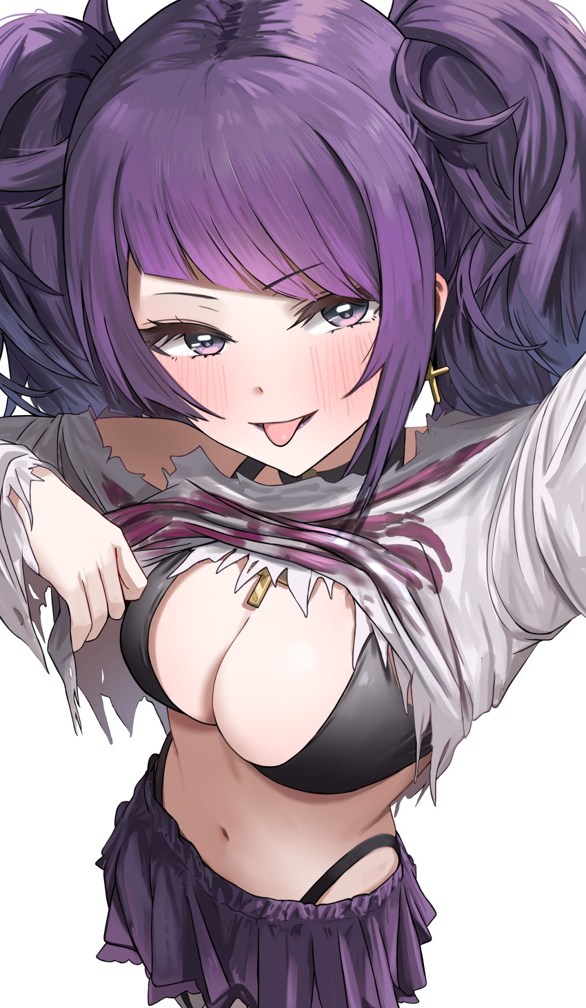 1girl absurdres bikini black_bikini blue_eyes blush breasts cleavage clothes_lift commentary cross cross_earrings diagonal_bangs earrings from_above highres idolmaster idolmaster_shiny_colors jewelry large_breasts lifted_by_self looking_at_viewer navel pdal_(pdalhhh) pleated_skirt purple_hair purple_skirt shirt shirt_lift simple_background skirt solo swimsuit tanaka_mamimi tongue tongue_out twintails white_background white_shirt