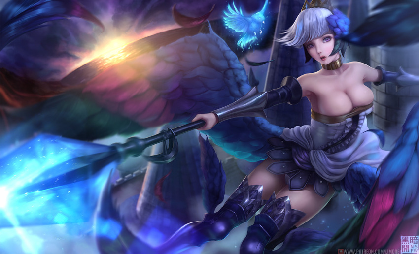 1girl bare_shoulders blue_hair blue_legwear breasts cleavage gwendolyn holding holding_spoon large_breasts limgae looking_at_viewer odin_sphere open_mouth polearm purple_eyes short_hair solo spear spoon thighhighs weapon