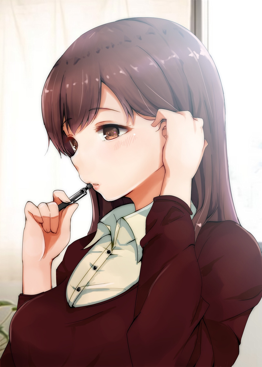 adjusting_hair backlighting bangs bloom blush breasts brown_eyes brown_hair collared_shirt commentary_request dress_shirt expressionless hair_tucking half-closed_eyes hands_up highres holding idolmaster idolmaster_cinderella_girls indoors layered_clothing long_hair long_sleeves medium_breasts nitta_minami parted_lips pen purple_sweater ryuu. shirt sketch solo sweater upper_body v-neck white_shirt window wing_collar