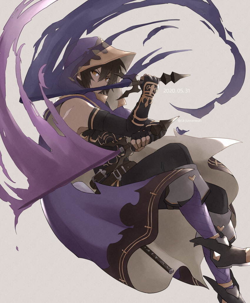 1boy absurdres black_gloves black_hair black_pants boots cloak dark-skinned_male dark_skin dated dual_wielding elbow_gloves fingerless_gloves full_body gloves granblue_fantasy grey_background hair_between_eyes highres holding hood hooded_cloak jamil_(granblue_fantasy) knee_boots looking_at_viewer male_focus midair pants purple_cloak scar scar_on_face short_hair solo urjuwanwan white_scars yellow_eyes