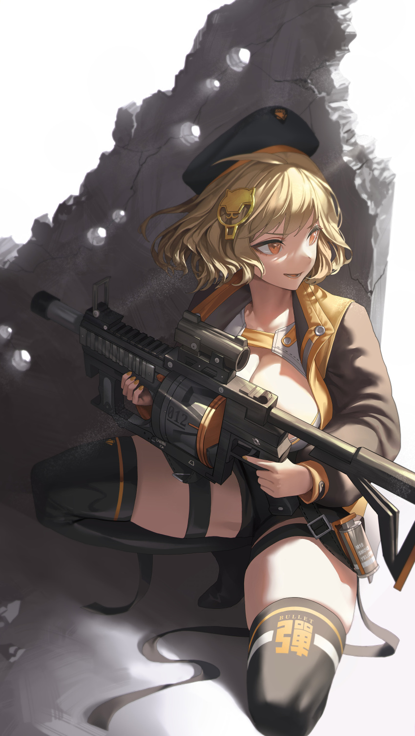 1girl absurdres anis_(nikke) breasts broken_wall brown_eyes brown_hair bullet_hole cleavage cleavage_cutout clothing_cutout goddess_of_victory:_nikke grenade_launcher gstiyl hair_ornament hat highres jacket large_breasts open_mouth short_hair short_shorts shorts skindentation squatting thigh_strap thighhighs weapon white_background